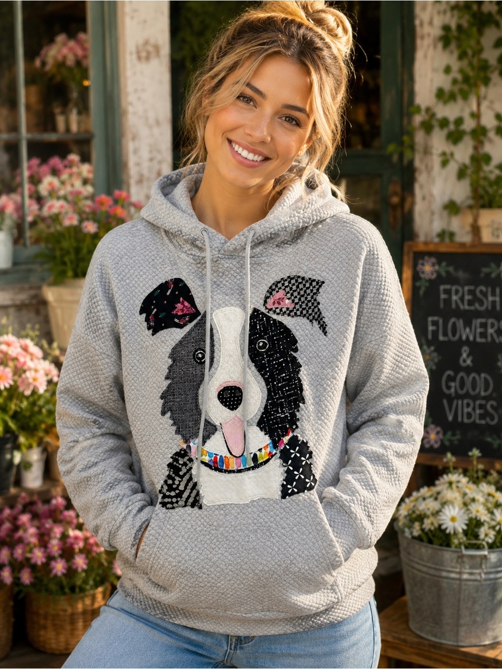 Custom Upcycled Hoodie XS Gray Patchwork Appliqué Dog Lover Border Collie